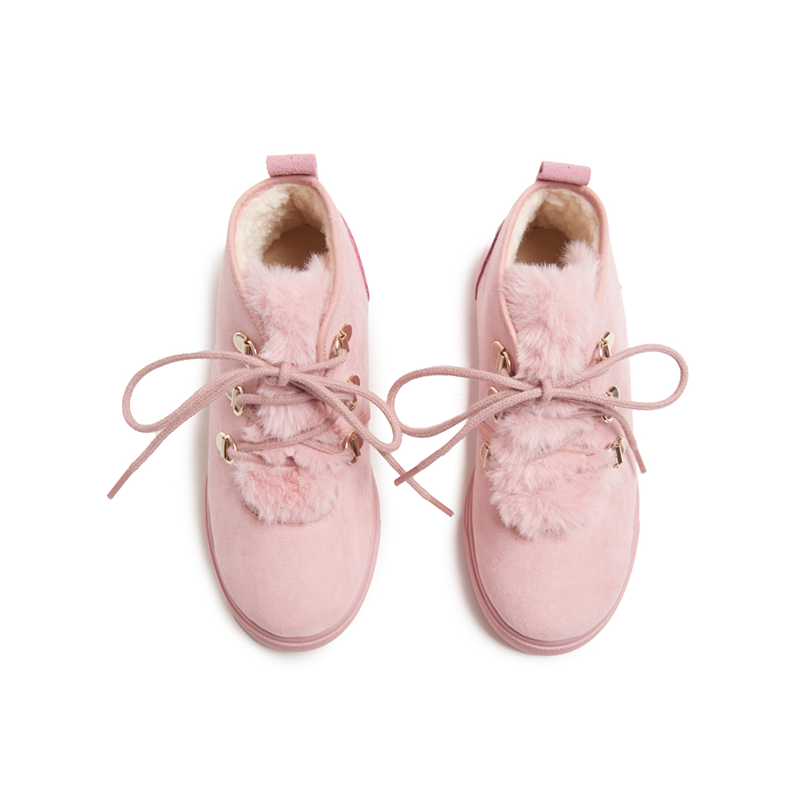 Suede Lace-Up Sneaker Booties with Faux-Fur in Pink