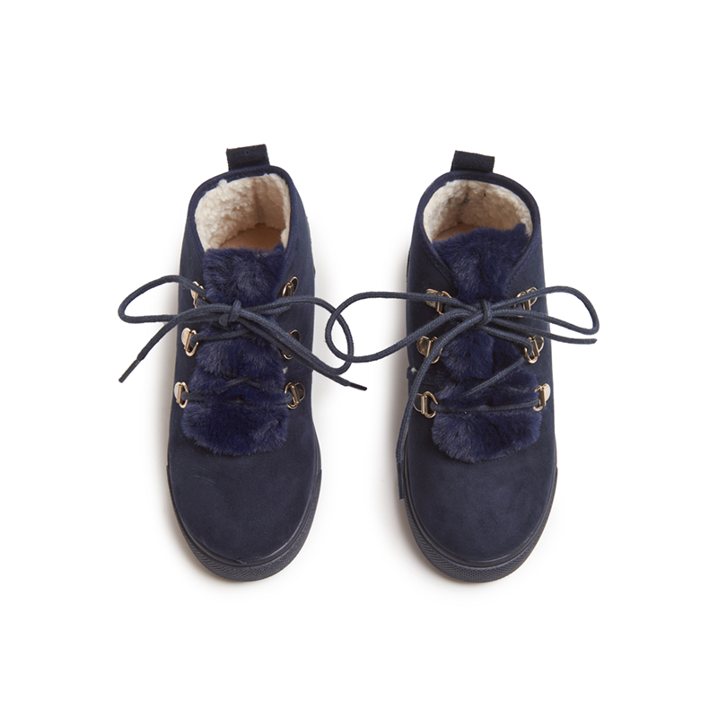 Suede Lace-Up Sneaker Booties with Faux-Fur in Navy