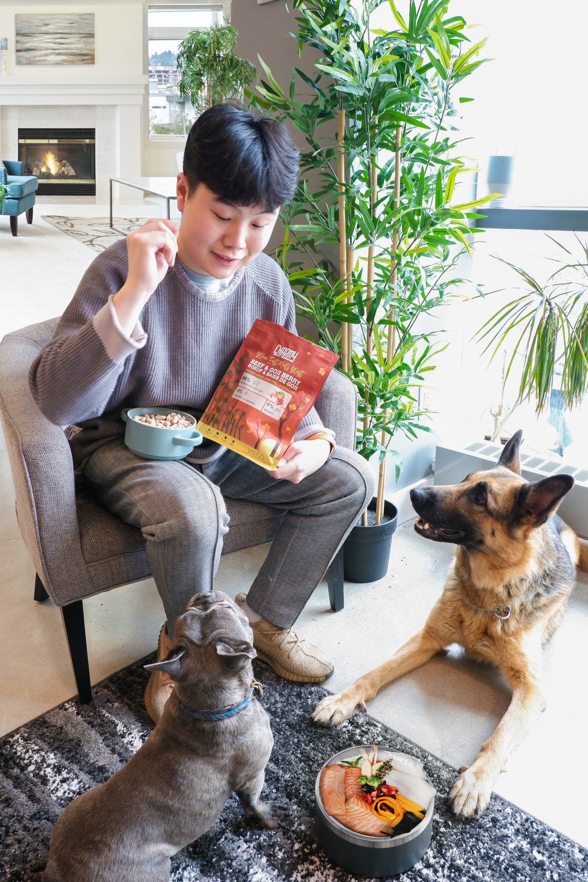 Zach, co-founder of Charmy Pet with a german shepherd  and a french bull dog.