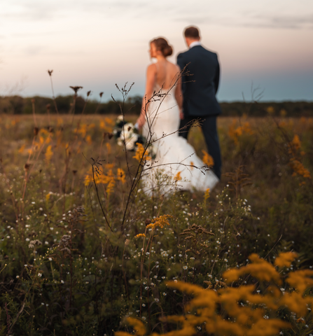 beautiful wedding couple walking in a field of yellow flowers. Dressed in wedding dress and suit