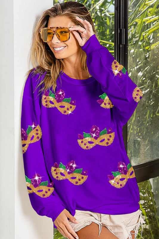 MARDI GRAS MASKS SEQUIN PATCHES PULLOVER