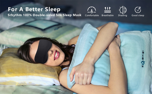 A Lady laying down and uses a silk eye mask for a light block