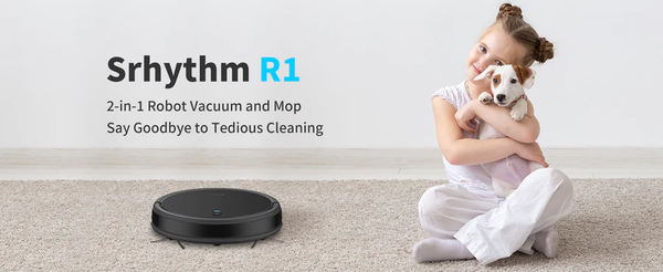 Image of Robot Vacuum Cleaning and the Child with a pet a side