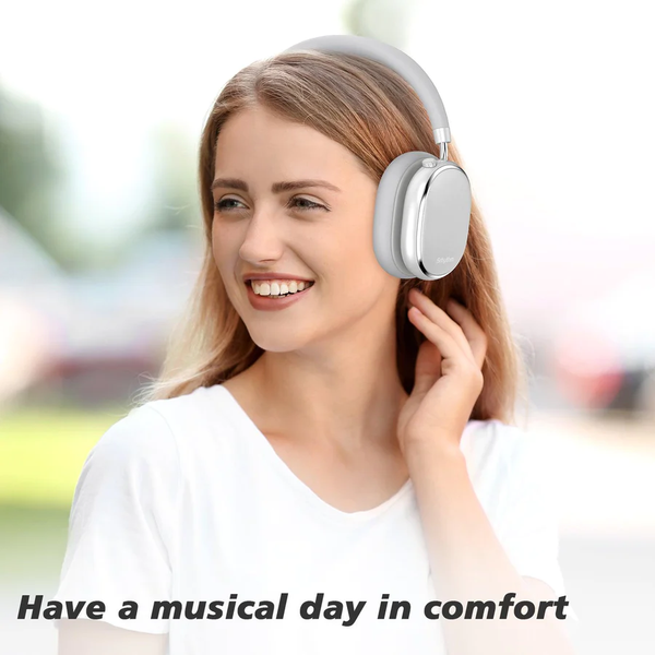 A Happy Lady using ANC Headphones for music