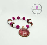 Magenta Pink, White, Copper Beaded Bracelet with a Fabric Charm. - Purposefully Crafted By Koko