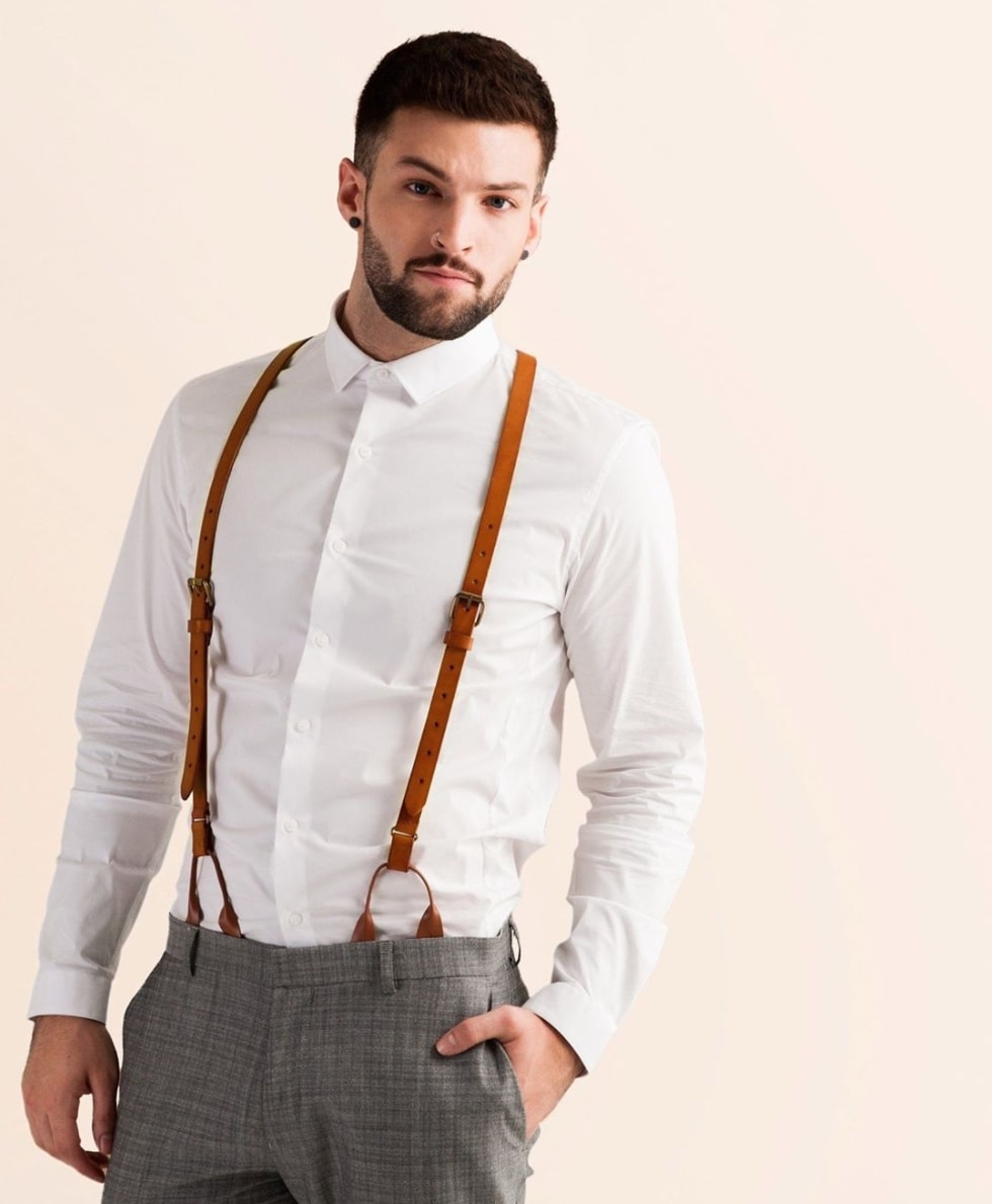 Brown Suspenders, Men's Leather Braces, Metal Buckle Groomsmen