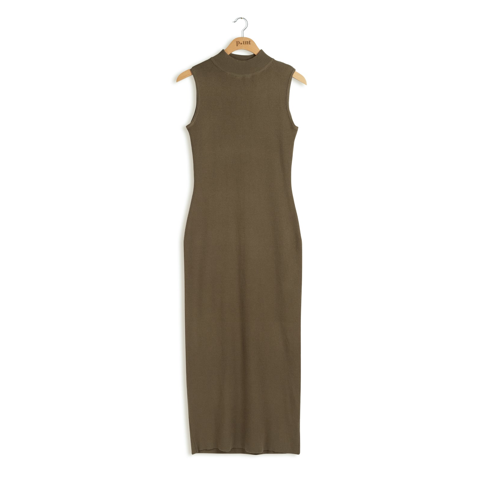 Olive Green Ribbed Sleeveless Belted Knit Midi Dress
