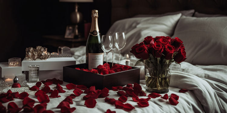 wine and roses on bed as a surprise