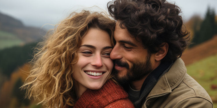 man and woman hugging, both are happy, mountains and meadows in the background