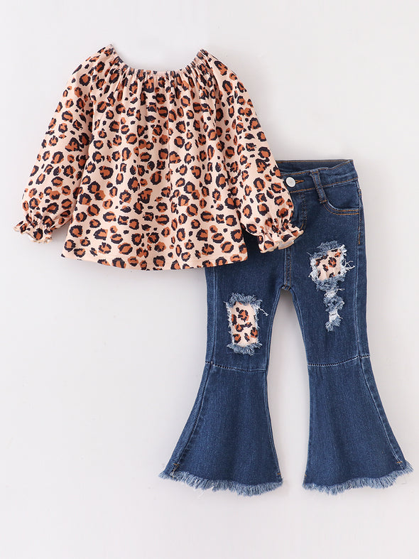 Cheetah Distressed Denim Bell Pants Set