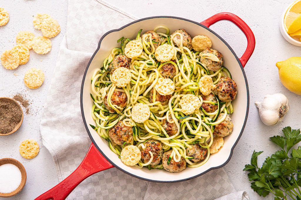 Zoodles with Chicken Parmesan Meatballs – Whisps Cheese