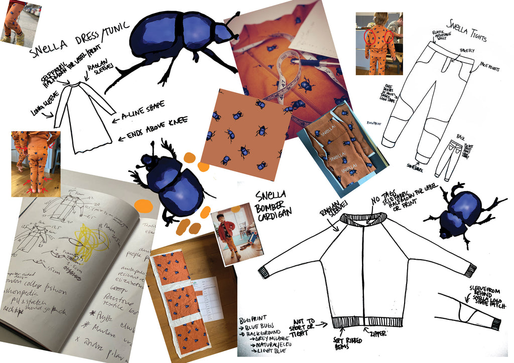 Scrapsheet och moodboard av arbetsprocessen för att skapa skalbaggarsamlingen