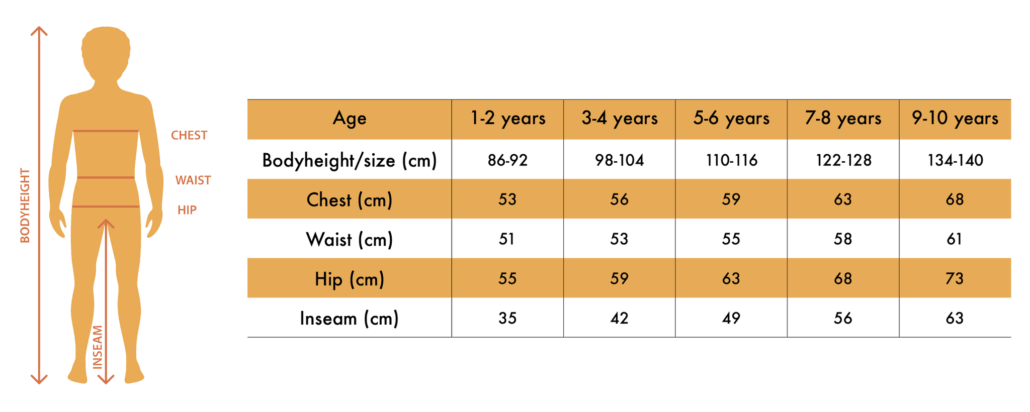 Children's size guide fro Snella clothes