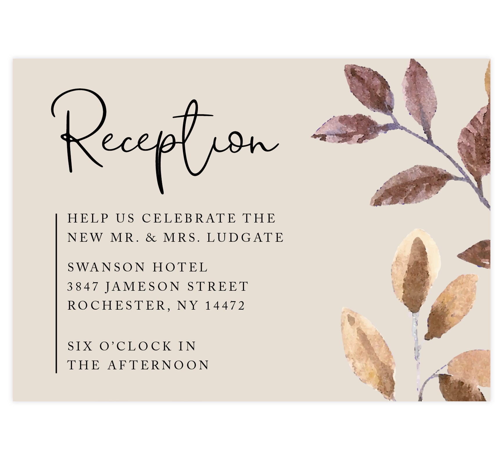 Golden Leaves Wedding Reception Card | Printing by Penny Lane