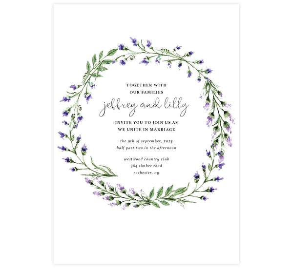 Lavender Wreath Wedding Invitation | Printing by Penny Lane