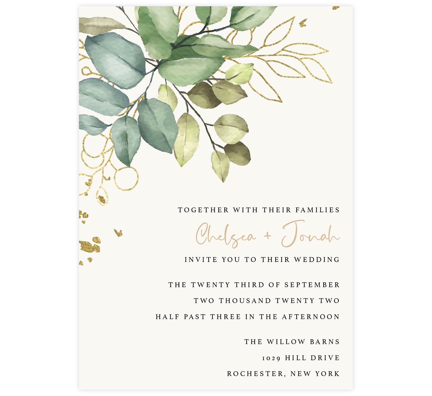Greenery with Gold Wedding Invitation | Printing by Penny Lane