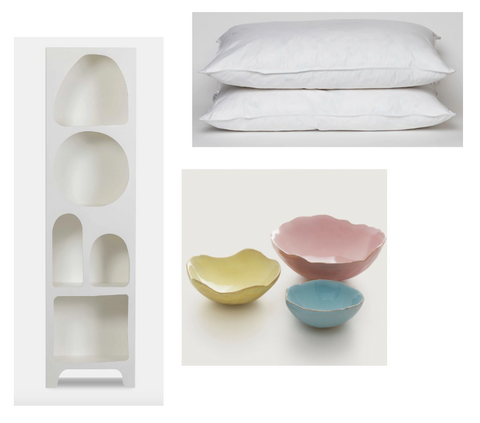 BOOKCASE, PILLOWS, DISHES