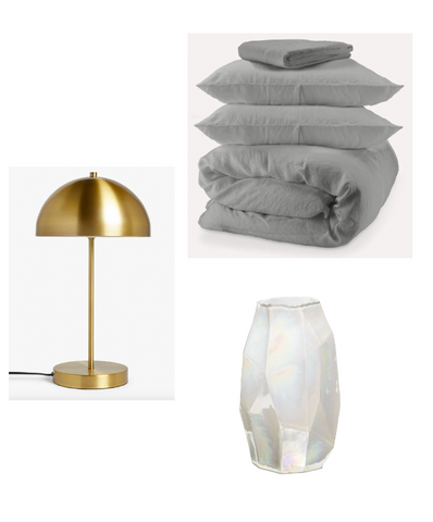 BRASS LAMP GREY COTTON BED SHEETS VASE