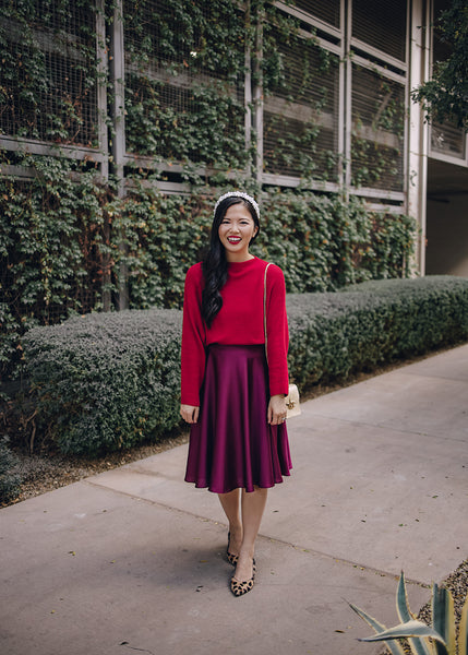 red sweater and midi skirt easy holiday outfits