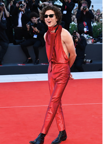 Timothée Hal Chalamet in red piece by Haider Ackermann at the Venice International Film Festival