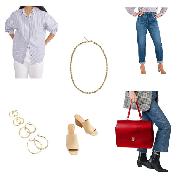 Fashion board with oversized shirt, boyfriend jeans, red leather bag, mule shoes, and gold jewelry