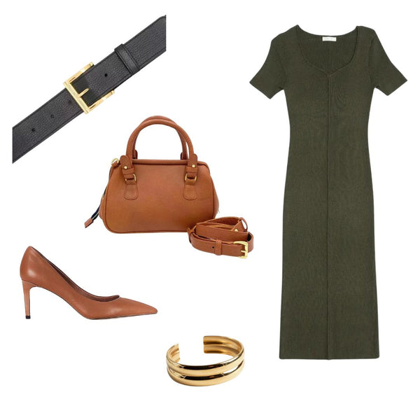Fashion board with olive green dress, tan leather bag, tan leather shoes, black leather belt, and gold jewelry