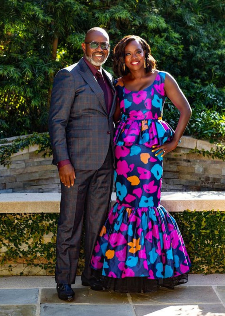 Julius Tennon and Viola Davis wearing a peplum dress from Nigerian born designer Duro Olowu