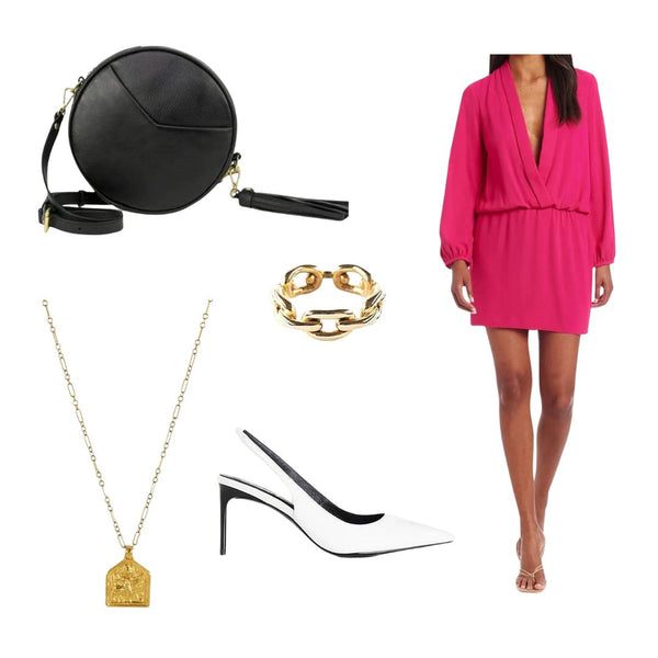 Fashion board with hot pink dress, white slingbacks, black leather bag, and gold jewelry