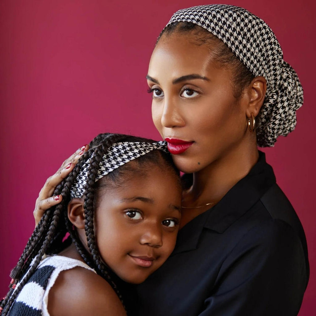 Models wearing Black and White Houndstooth Headband from Fanm Djanm