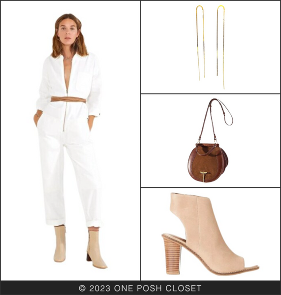 White jumpsuit paired with tan shoes and brown bag and gold Chan Luu earrings