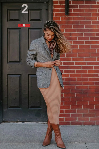 wool blazer and fitted sweater dress easy holiday outfits