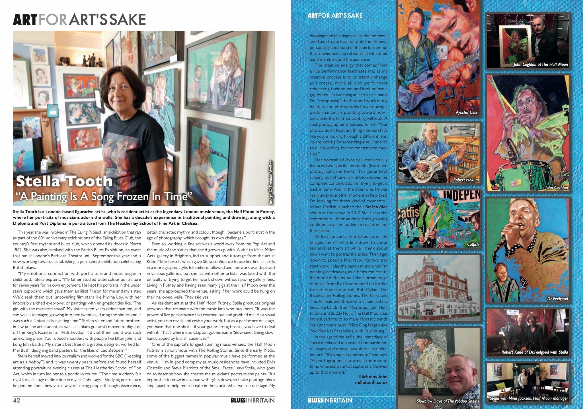 Double page spread interview with Stella Tooth musician artist in Blues in Britain magazine December 2022