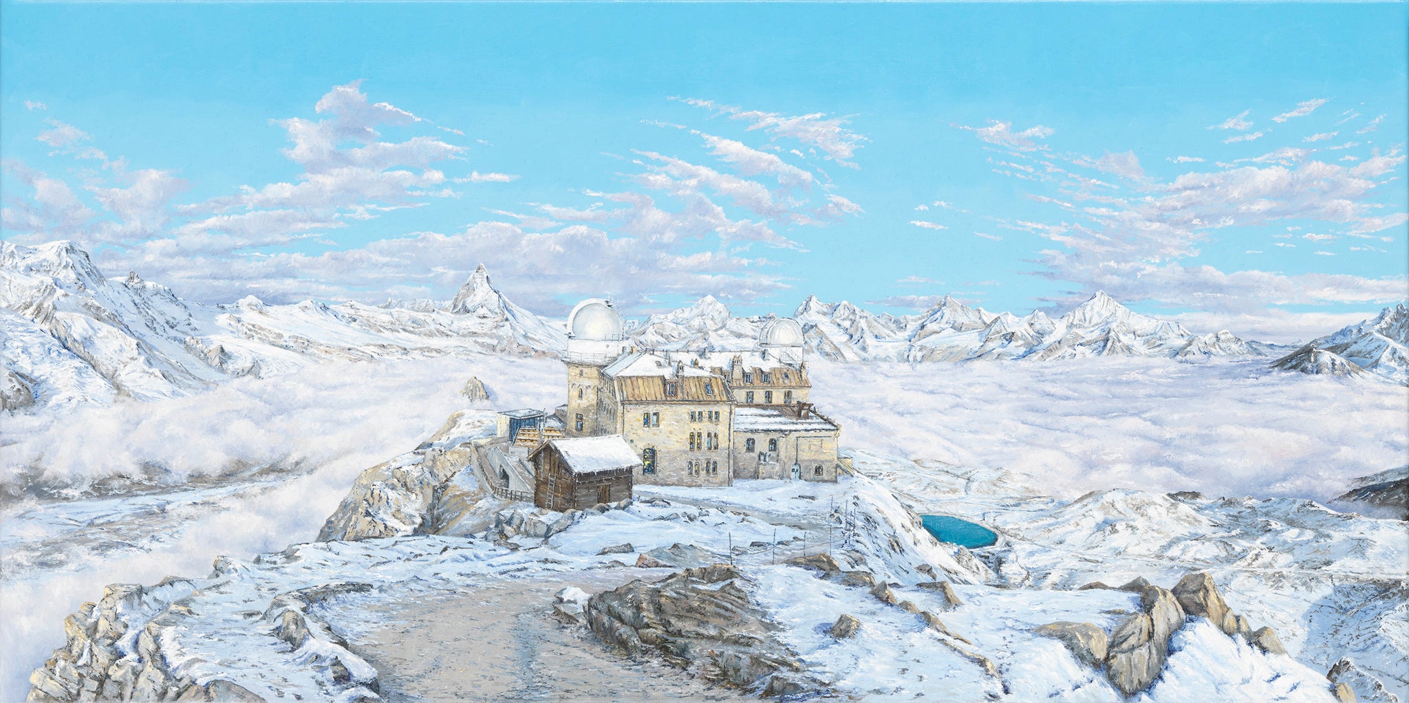 break of day gornergrat, an oil painting of a snowy mountain scene, by artist mark f lodge