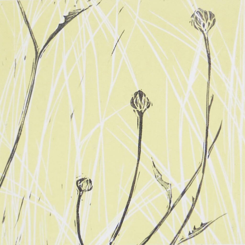 Buds and grasses in lemon and grey by Sarah Knight