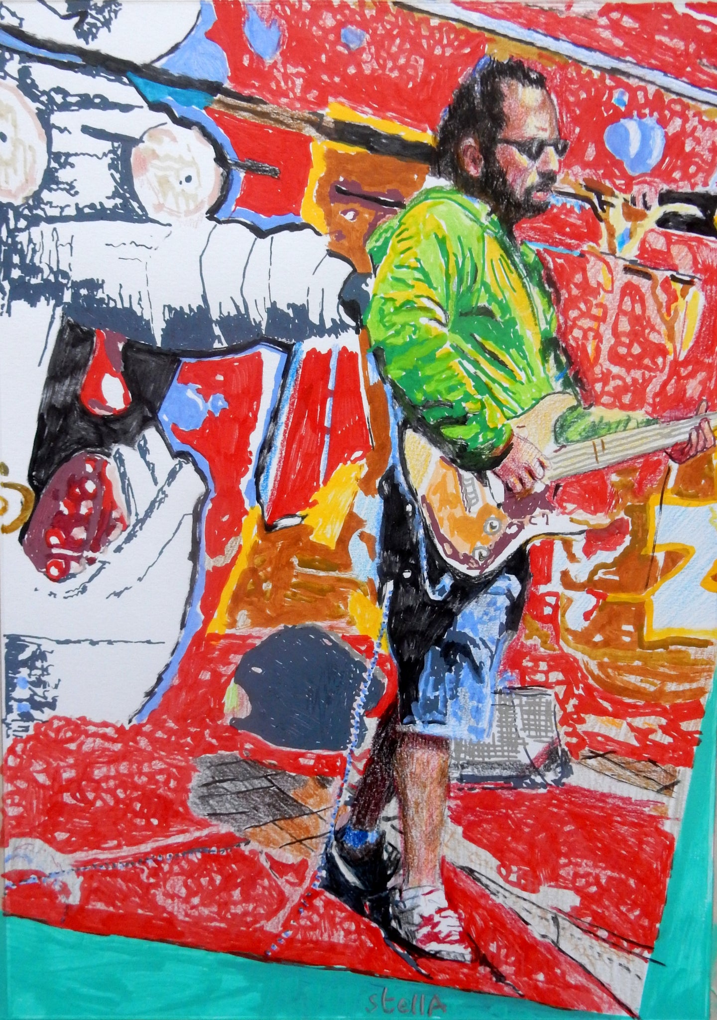 Busker Chris Sparsis mixed media on paper by Stella Tooth artist