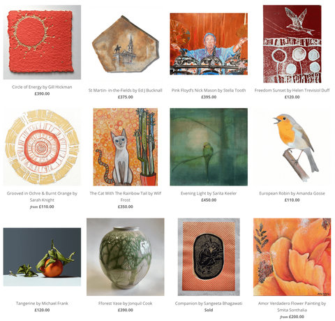 A collection of orange and green artworks from skylark galleries