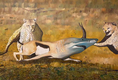 Fish out of Water oil on linen by artist Lindsay Pickett shows a hybrid animal part shark part deer being a