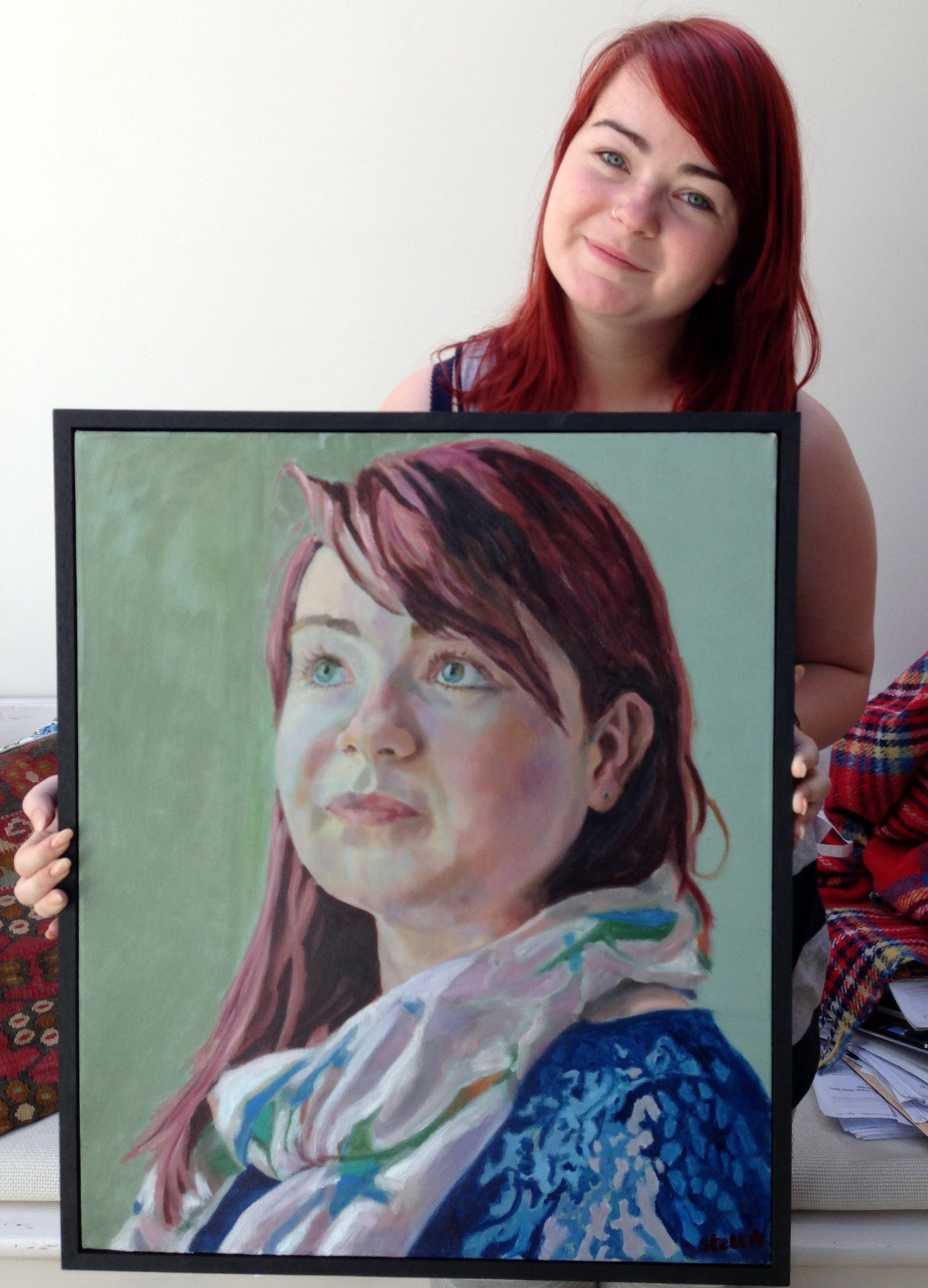 Florence Gibson with her oil portrait by Stella Tooth portrait artist