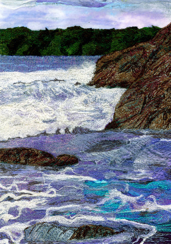 A unique image of waves crashing against the rocks, made by artist diana mckinnon using fabrics, threads and machine embroidery.