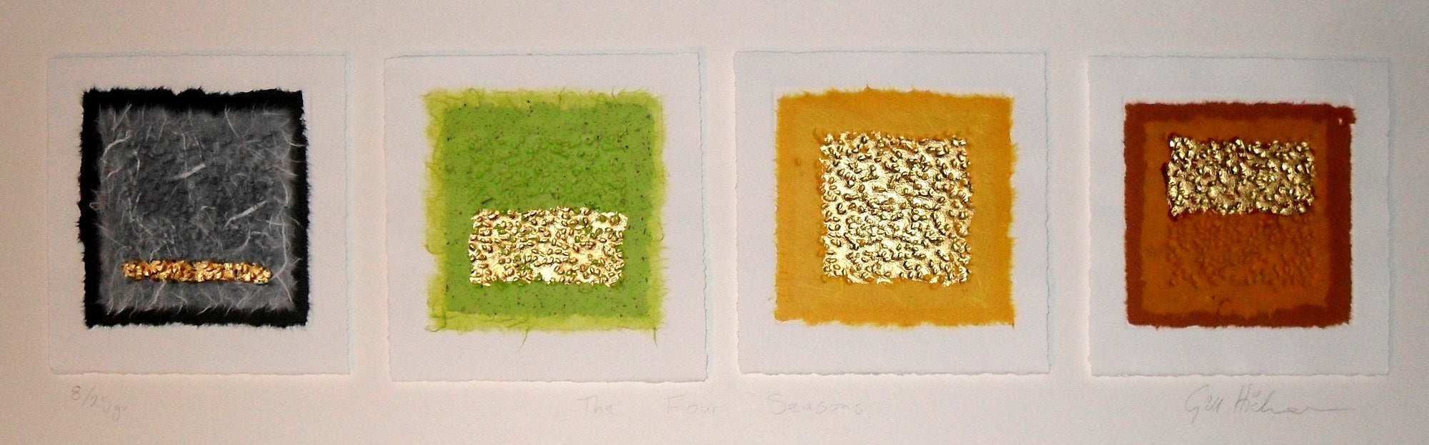 the four seasons abstract artwork hand-made by textural artist gill hickman using papers and gold leaf 