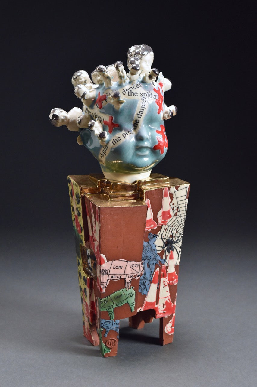 Schneider Head 2021, slip cast porcelain head on red earthenware plinth with gold and white gold lustres, resin, flies