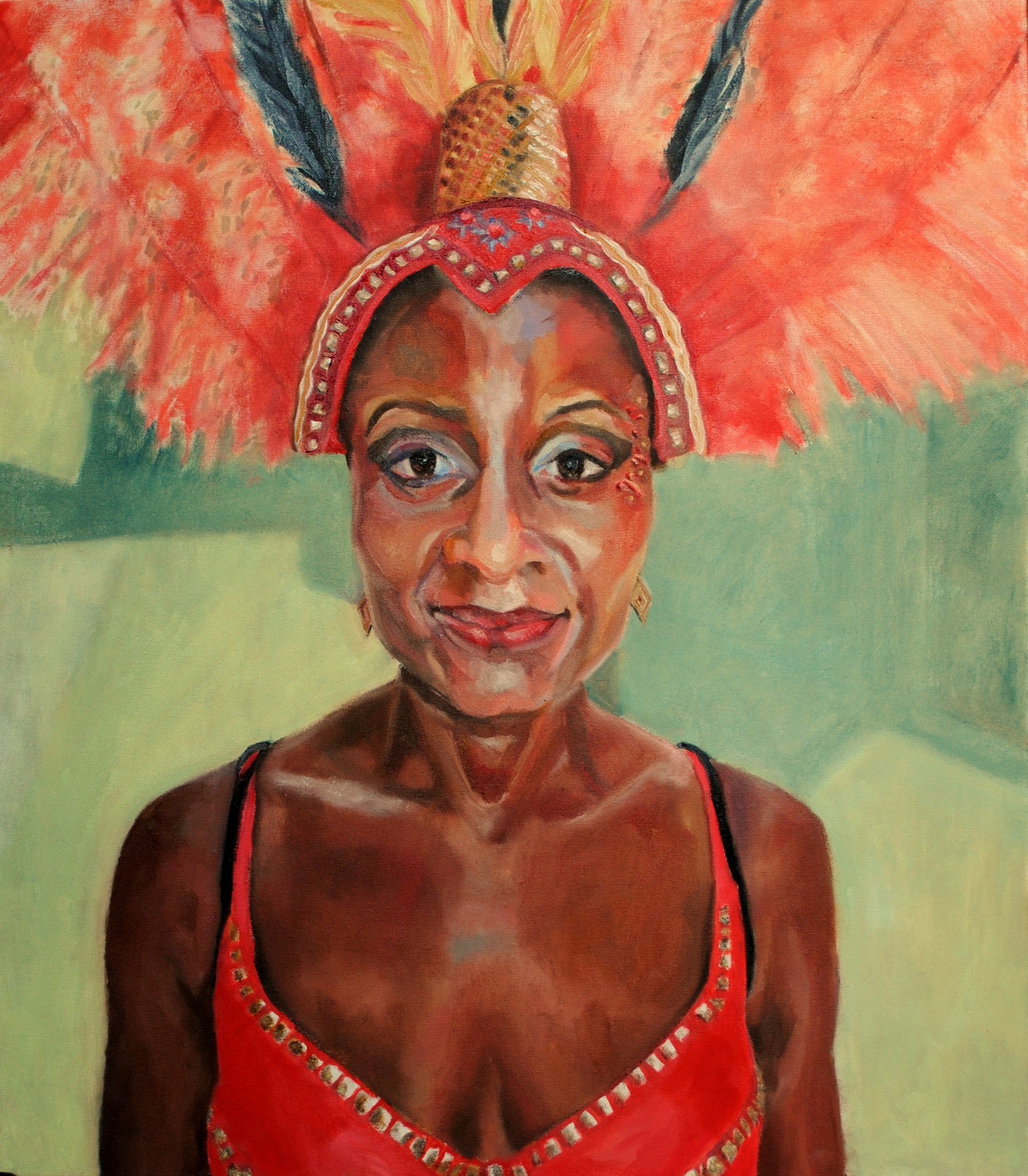 Jumping up! portrait of a Notting Hill Carnival participant by British figurative artist Stella Tooth