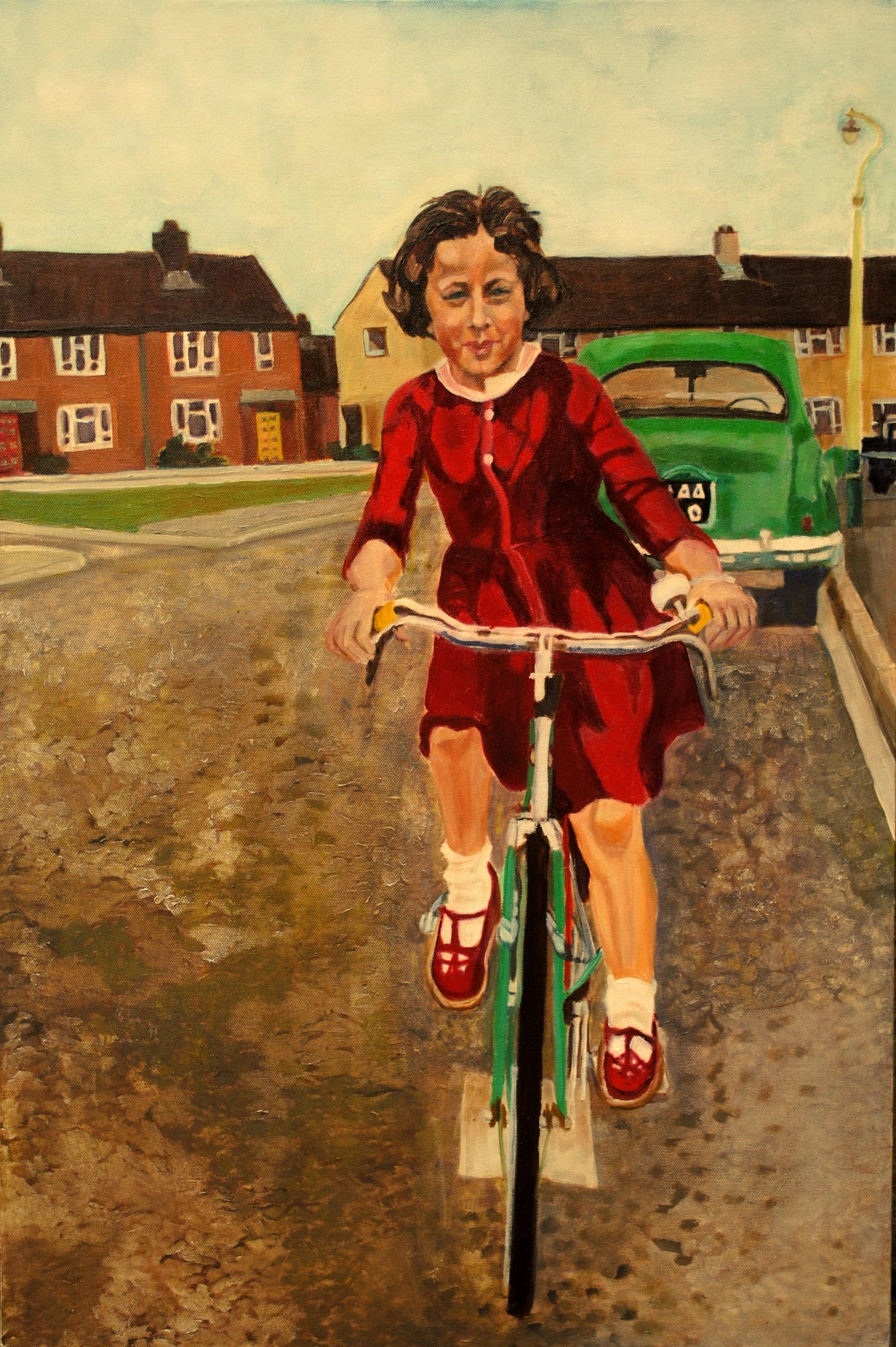 my first bike ride, a girl in red 60s dress riding a bike, painting by stella tooth