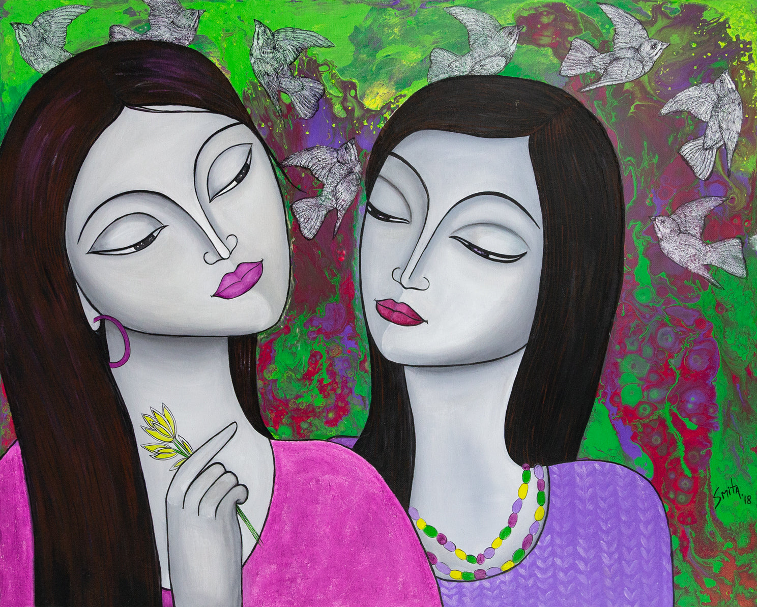 free bird, painting of two female friends in contemporary and indian folk art style by smita sonthalia