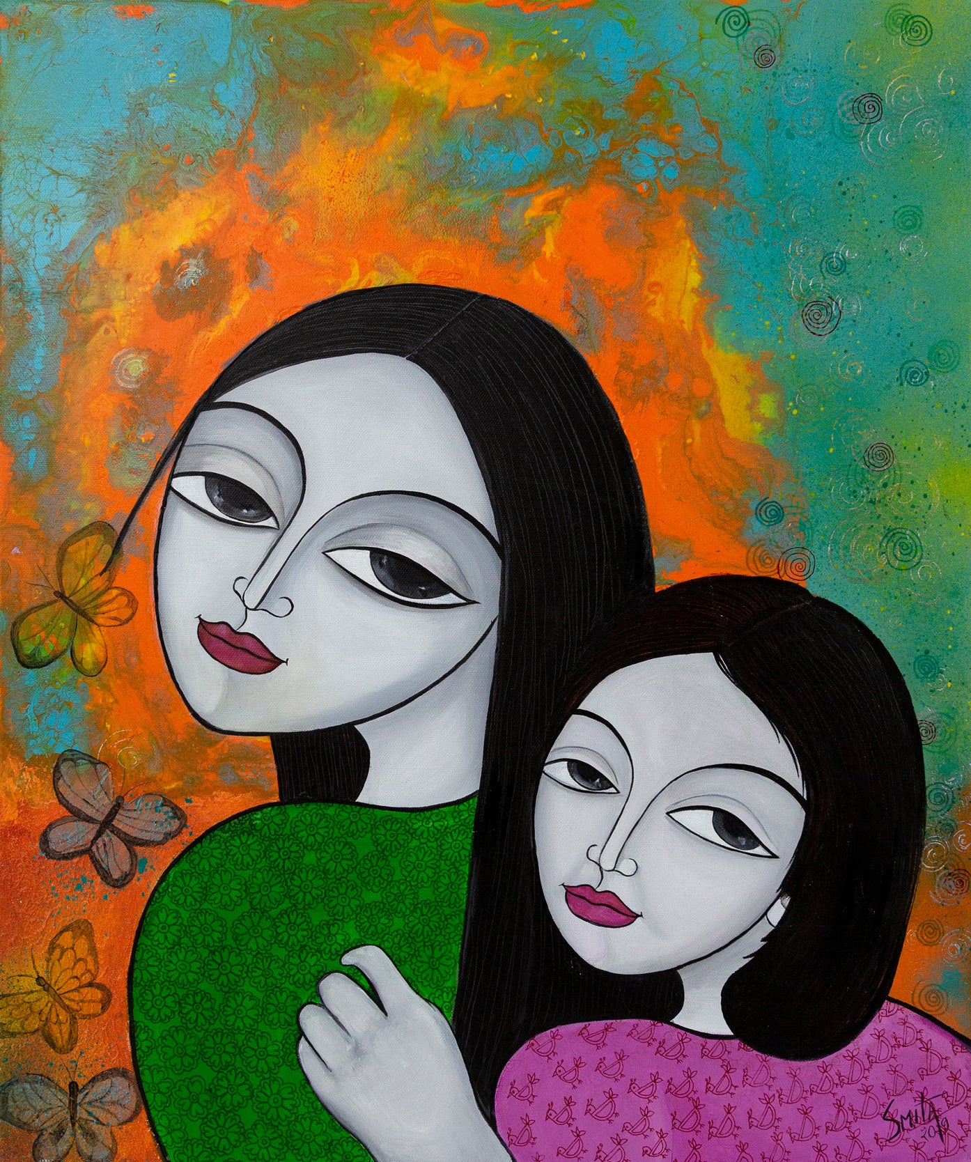 new mother, a painting of a mother with baby on her back by artist smita sonthalia