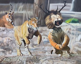 Mockery, original oil on linen by artist Lindsay Pickett, a lion-stag-tiger hybrid is being chased by normal tigers