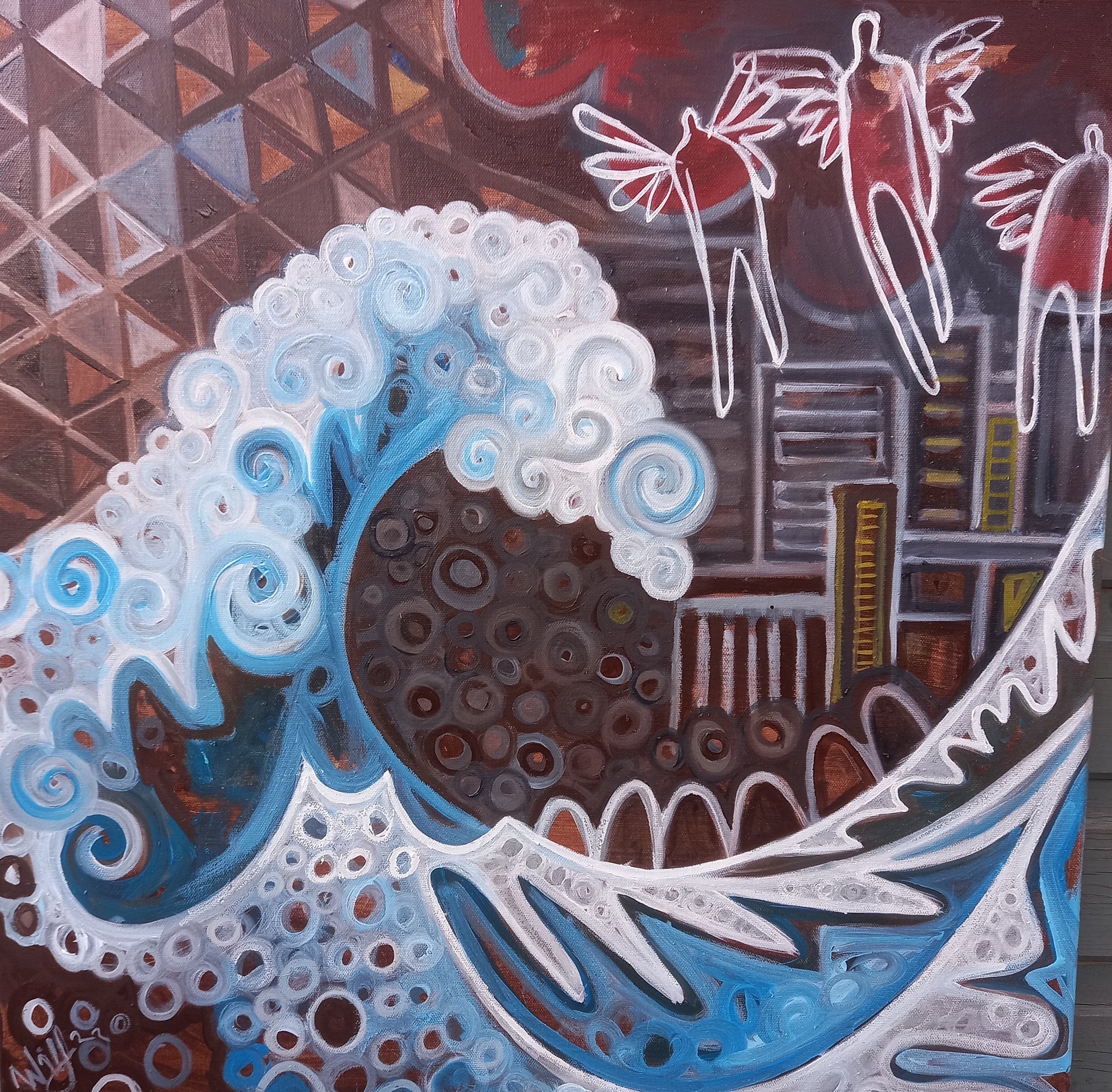Tsun Army, original acrylic painting of a giant wave reminiscent of Hokusai, by Wilf Frost, 60 x 60 cms, £420