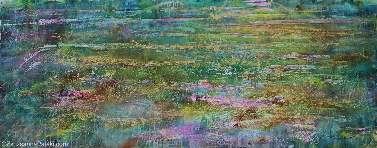Lily pond abstract in green and gold by Zsuzsanna Pataki