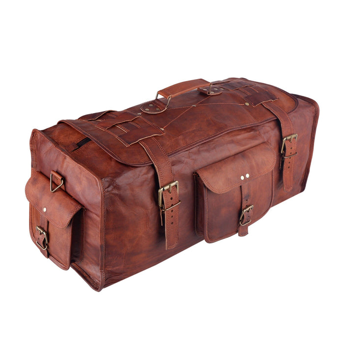 Full Grain Brown Leather Flap Duffel Bag — Classy Leather Bags
