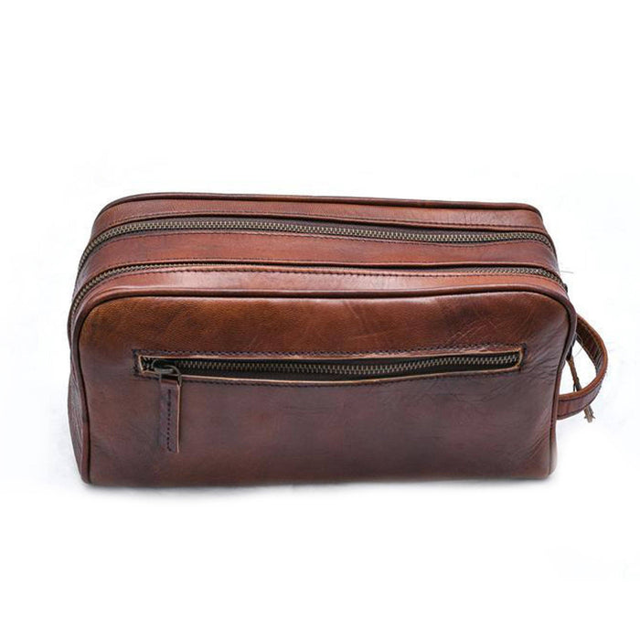 Men's Leather Toiletry Bag Vintage Brown Double Zipper — Classy Leather ...